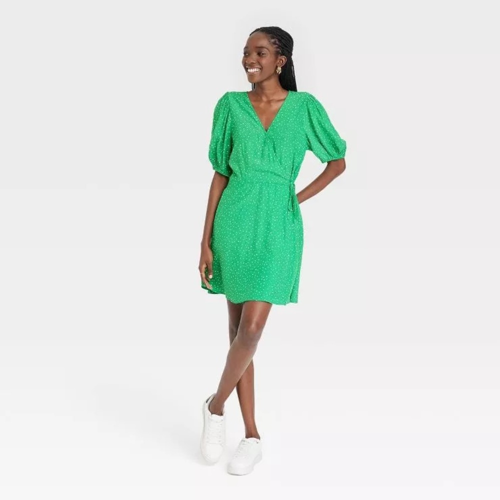 NWT A New Day Green Polka Dot Puff Sleeve Wrap Dress